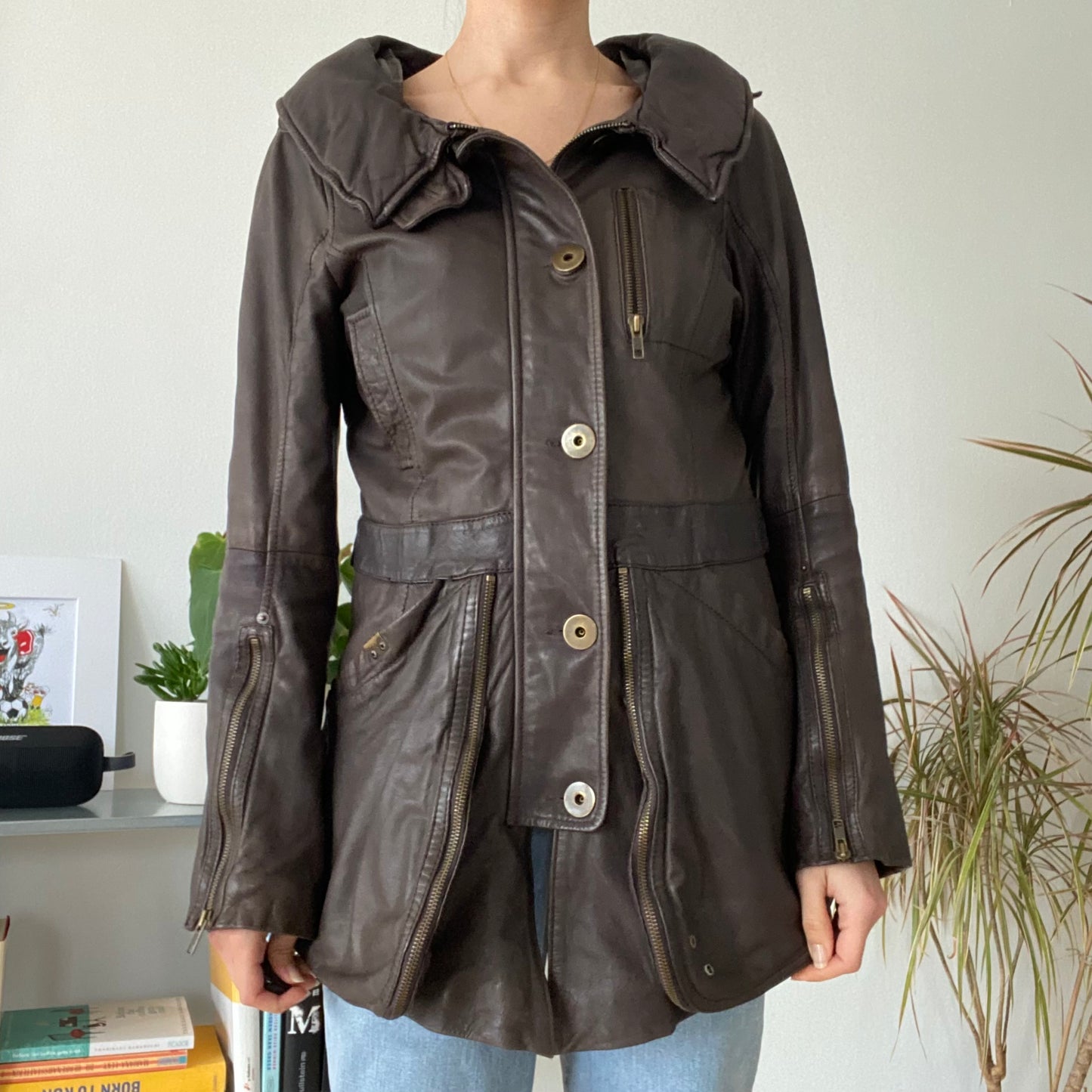 Unisex cinched waist Brown Leather Jacket