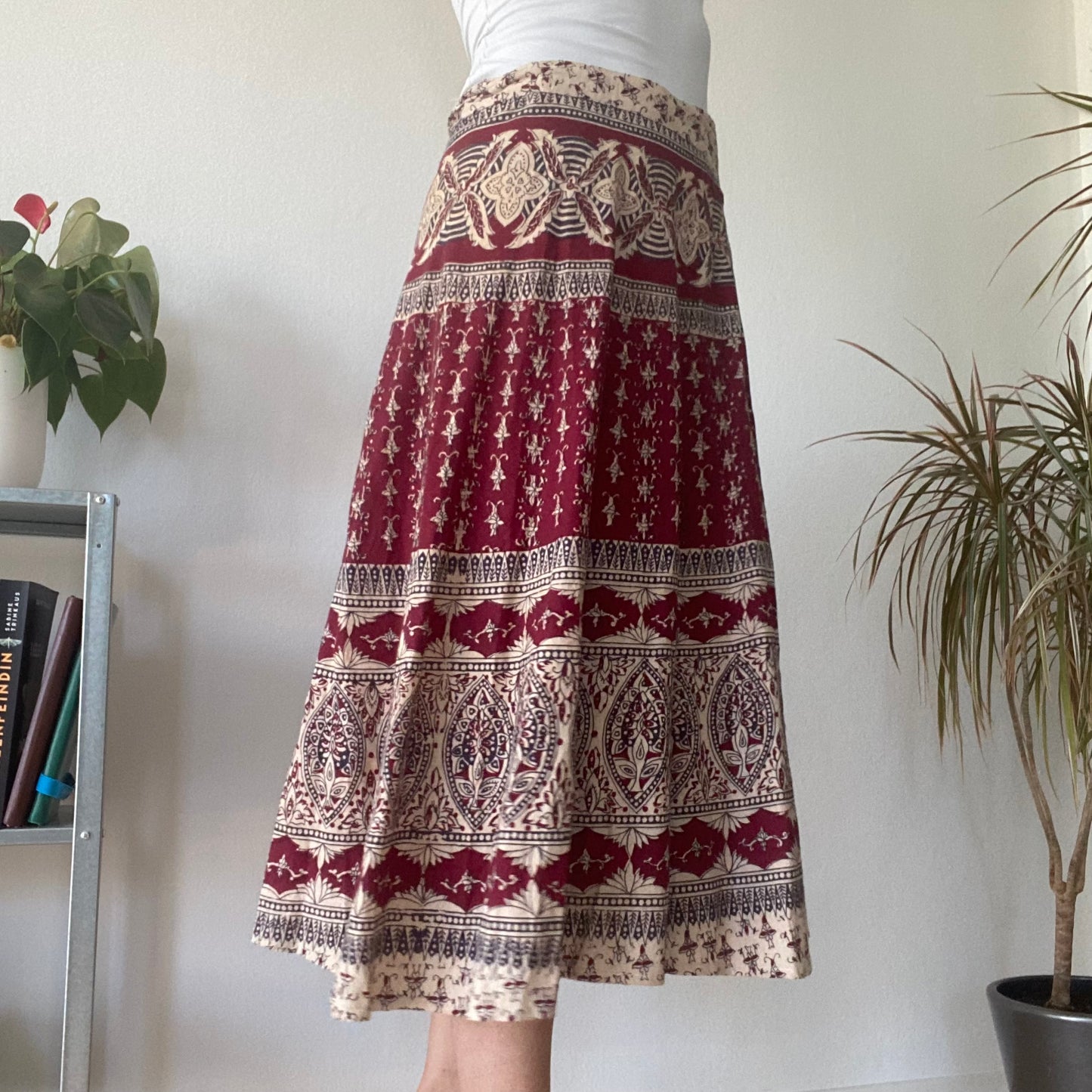 Red Boho Print Midi Skirt Vintage Wrap Style Festival A Line Skirt