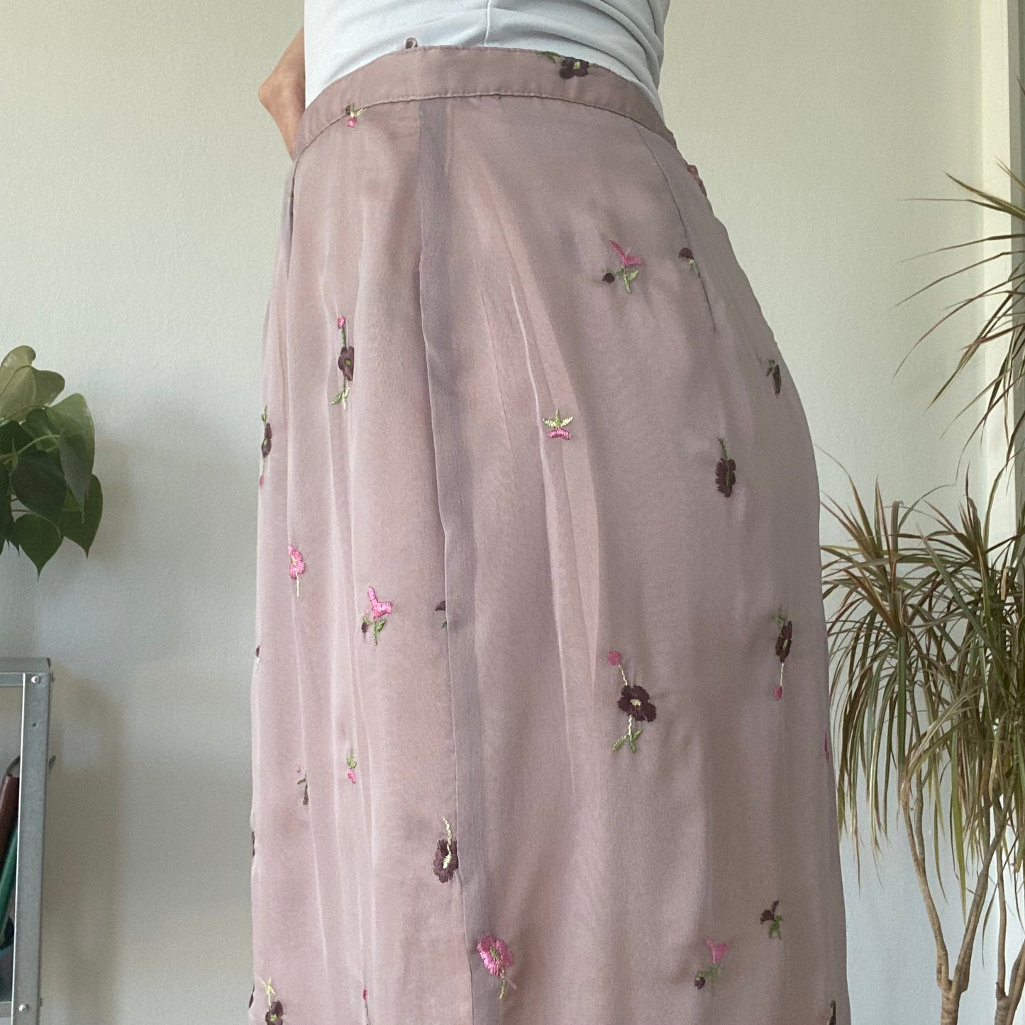 Pink Sheer Embroidered Midi Skirt Y2K Vintage Floral Mesh Skirt