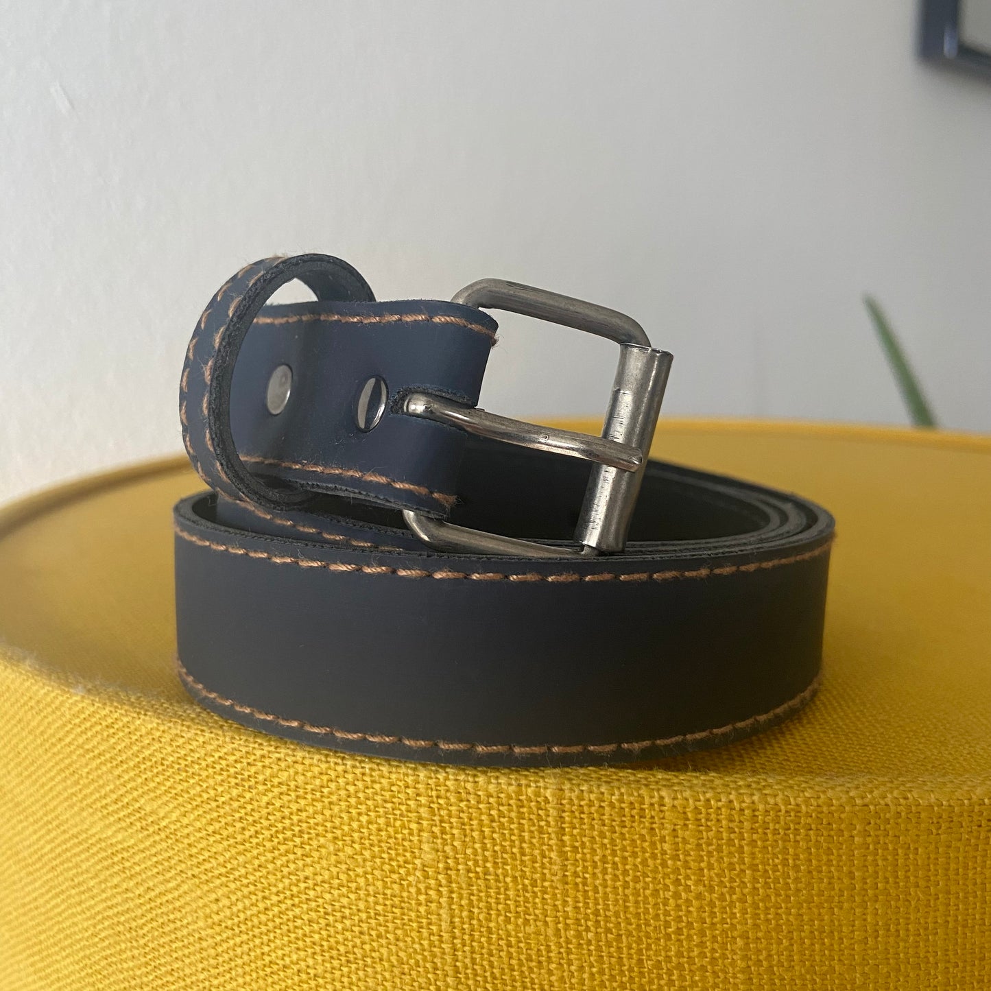 Grey blue metal buckle thin leather belt