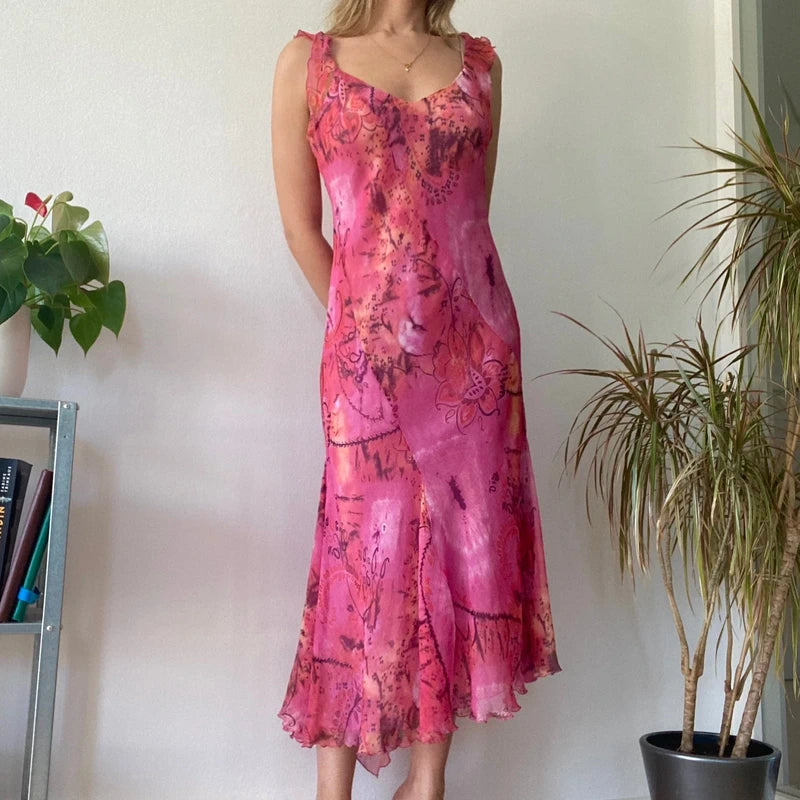 Pink Floral Midi Dress Asymmetric Hem Romantic Summer Wedding Guest