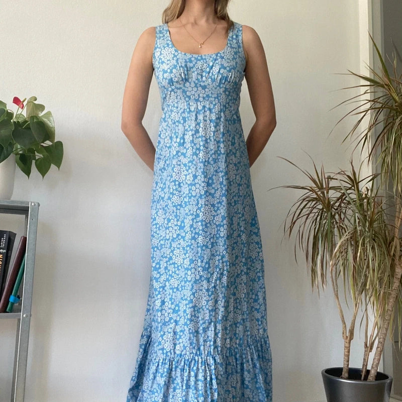 Light Blue Ditsy Floral Maxi Dress Cottagecore Milkmaid Summer – Vintage Mignon