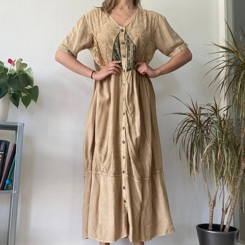 Vintage Beige Boho Maxi Dress Embroidered Cotton Festival Tan
