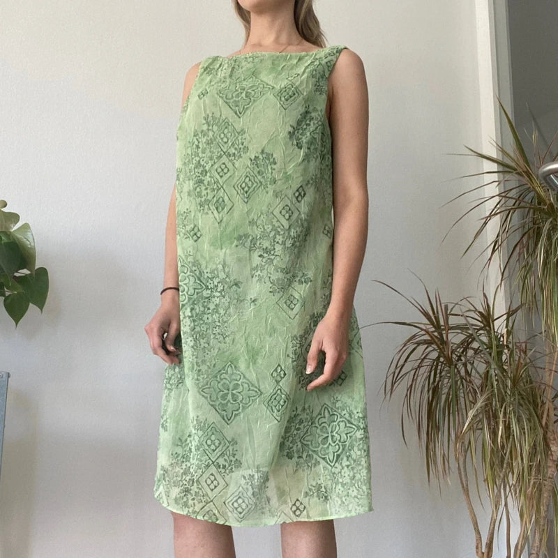 Vintage Sage Green Sleeveless Shift Dress 90s Minimalist Pattern