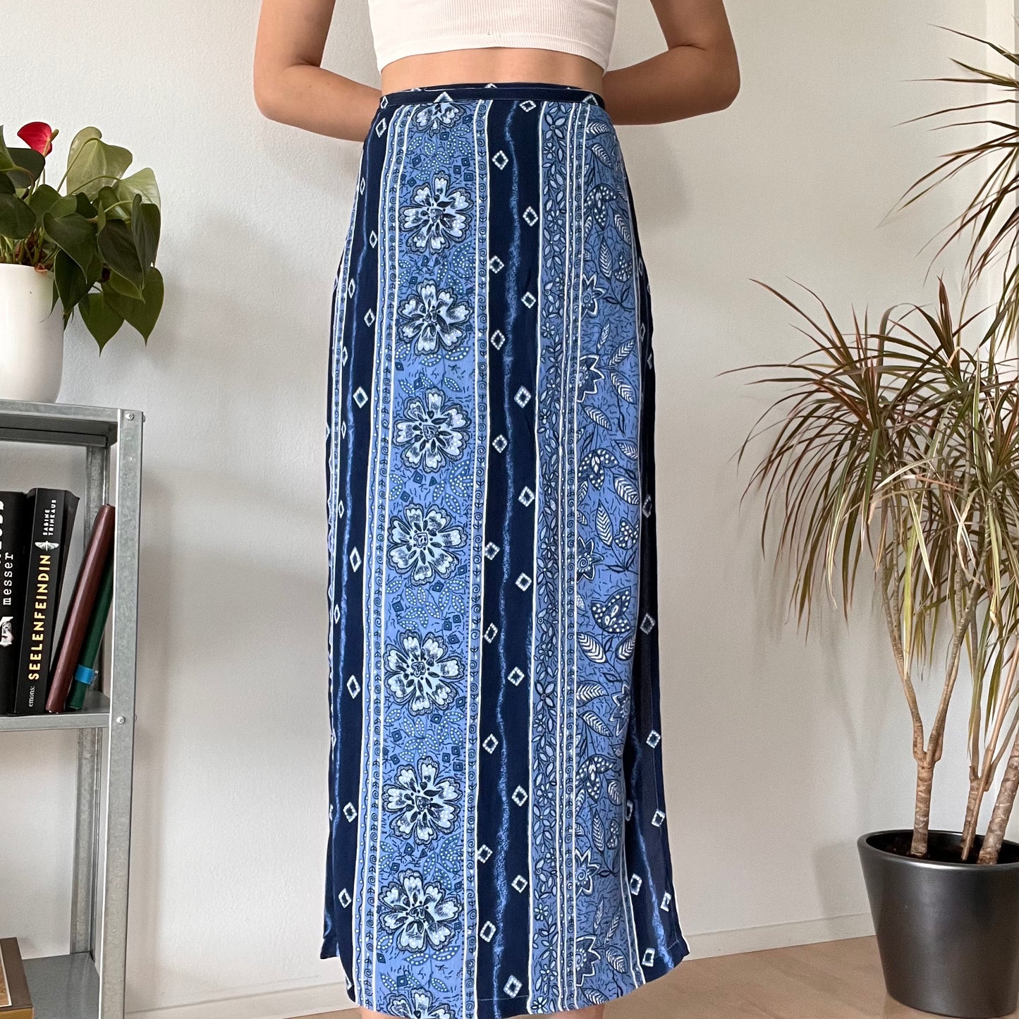 Vintage Blue Boho Maxi Skirt Y2K Floral Pattern