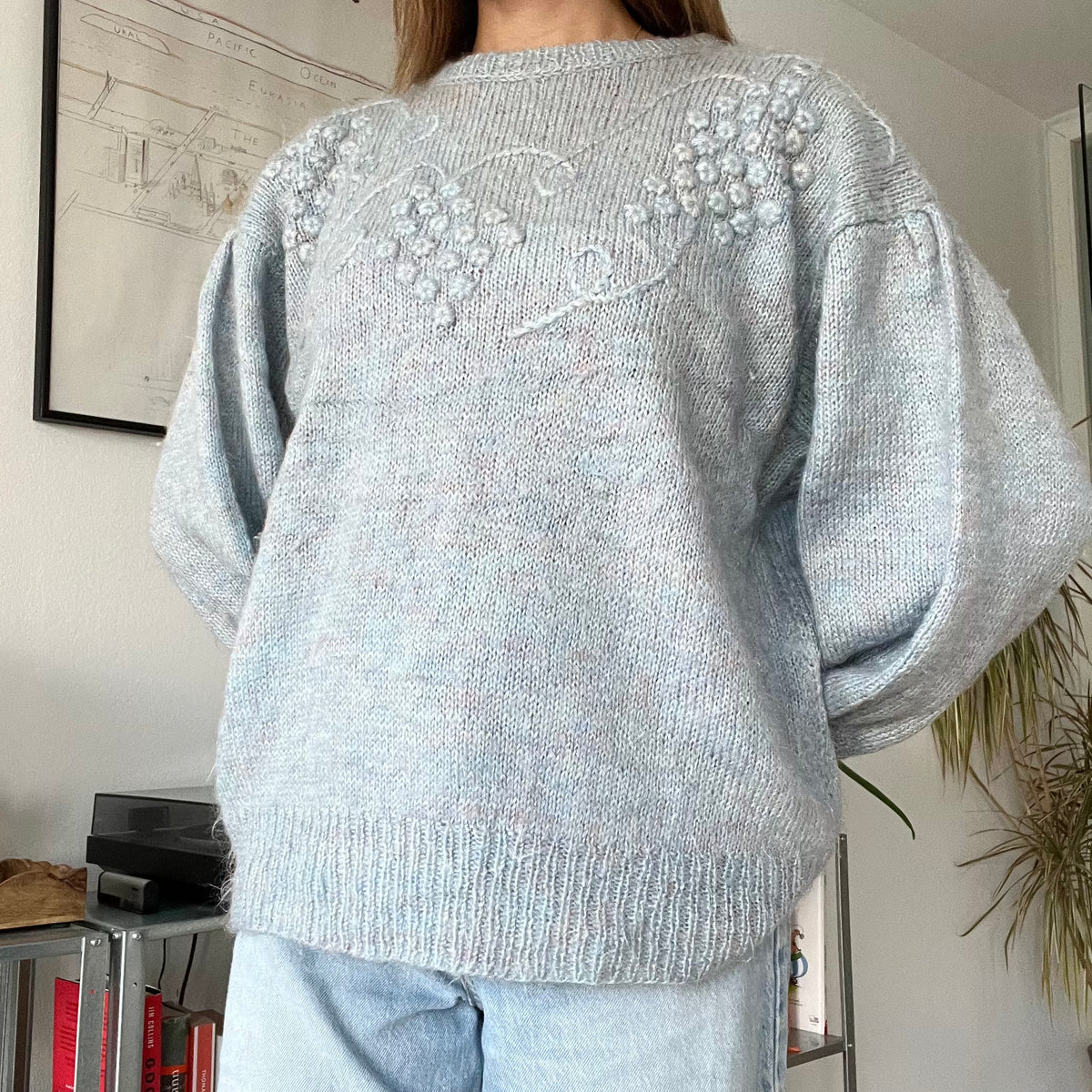 Blue fuzzy knit pullover sweater-Size L
