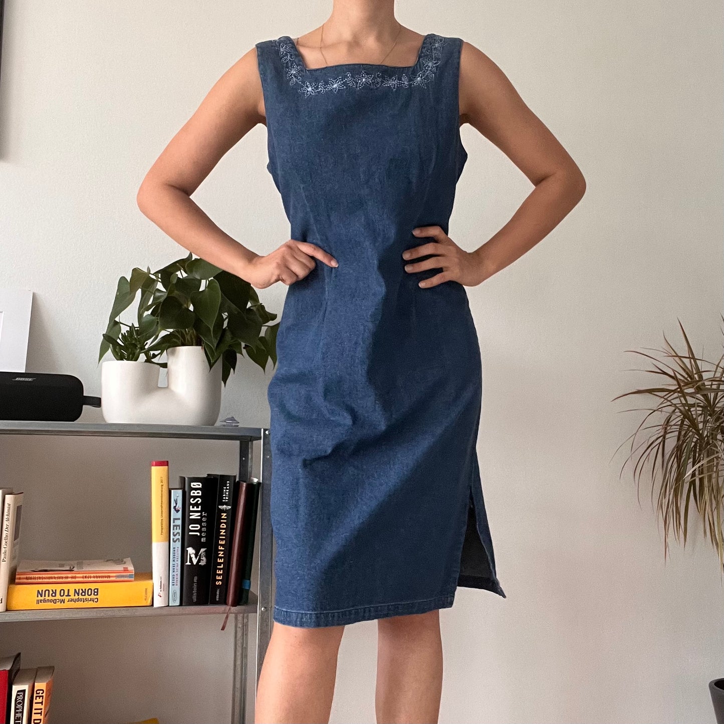 Vintage Embroidered Denim Midi Dress - Size 40
