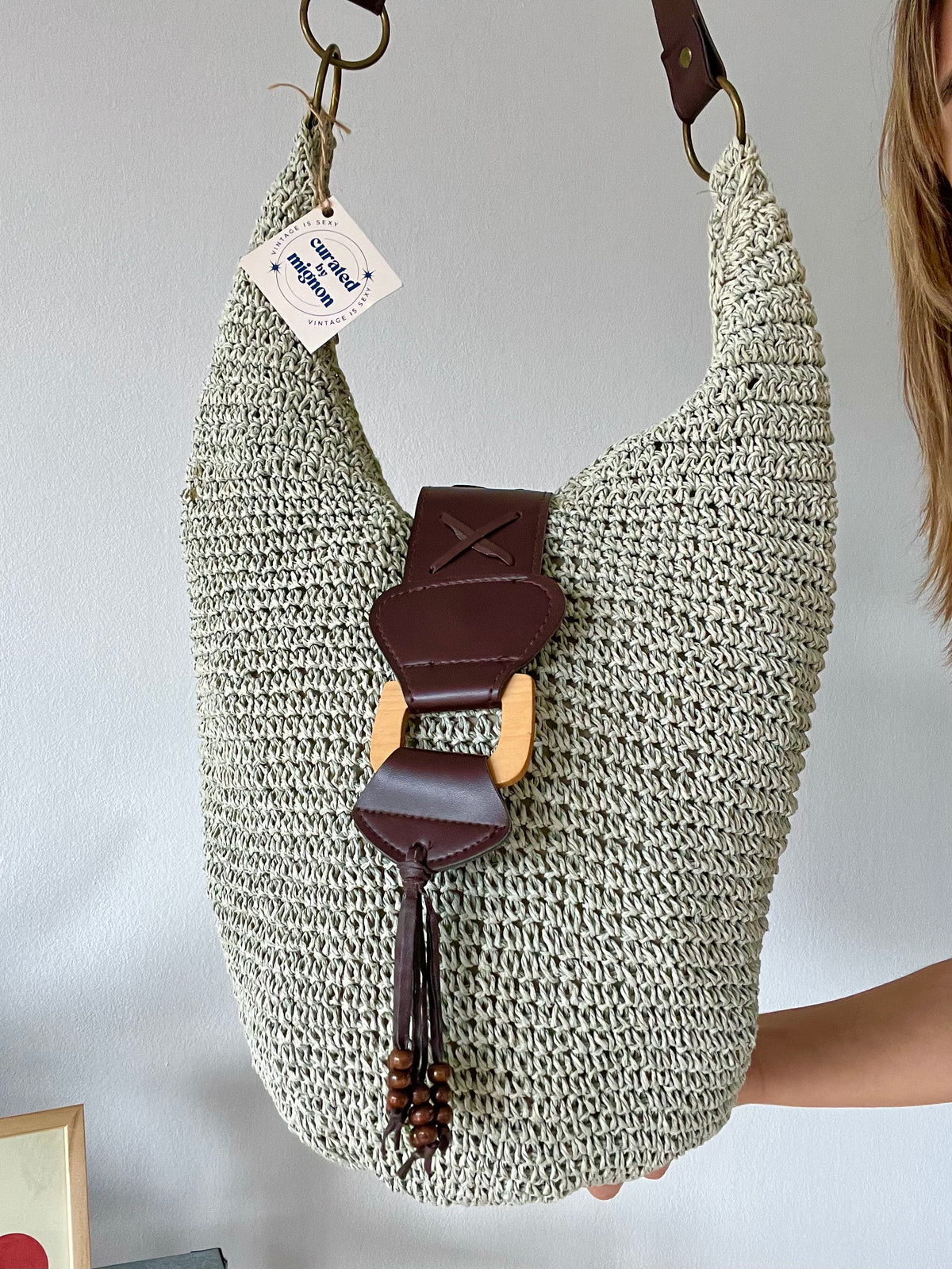Woven Shoulder Bag with Leather Buckle Detail