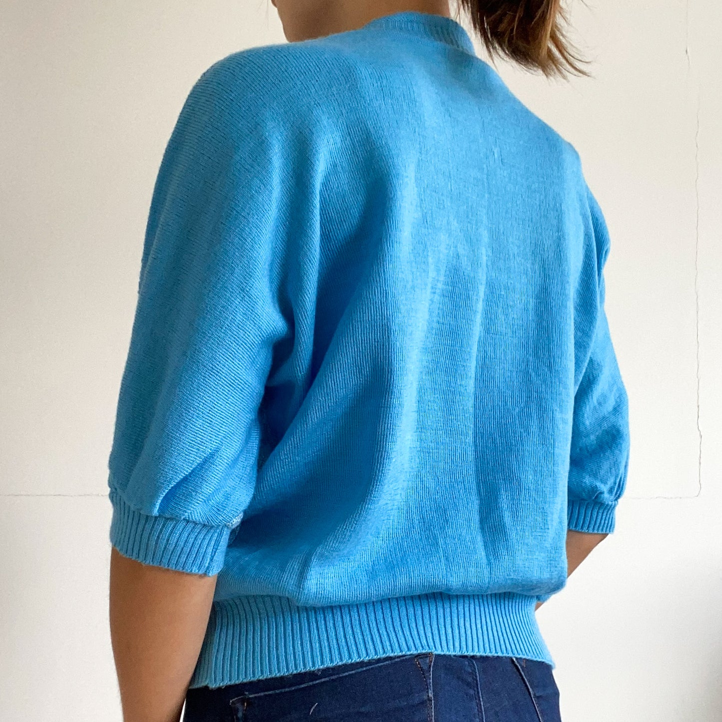 Blue short sleeve pullover sweater.