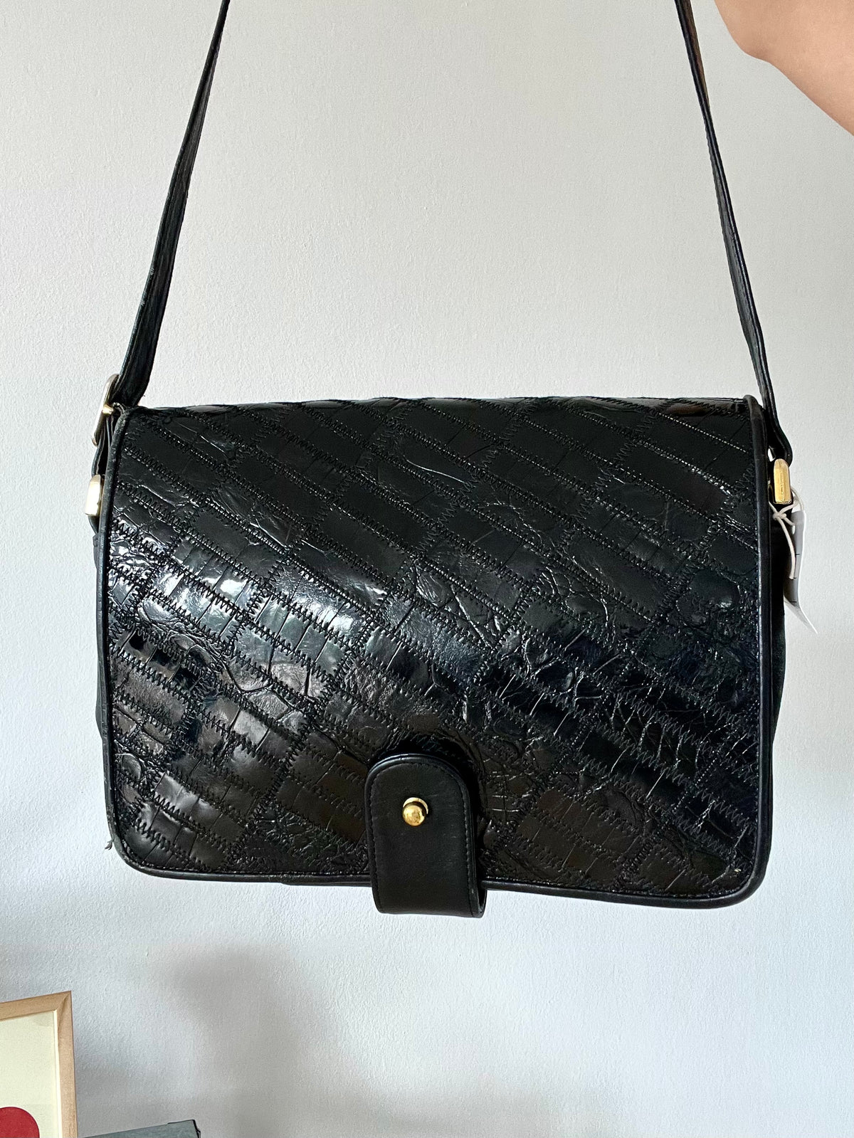 Black Quilted Patent Shoulder Bag