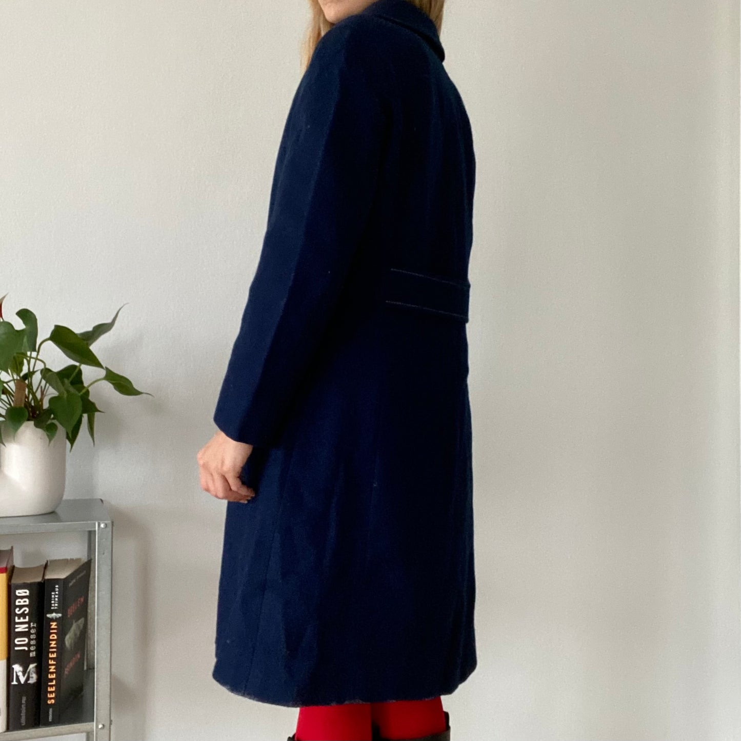 Navy Blue Wool Coat Single Breasted Tailored Mid Length Classic