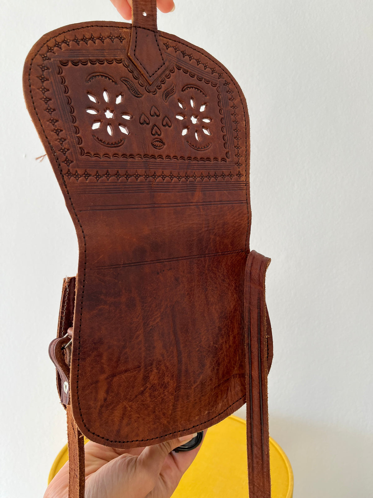 Vintage brown leather tooled crossbody bag