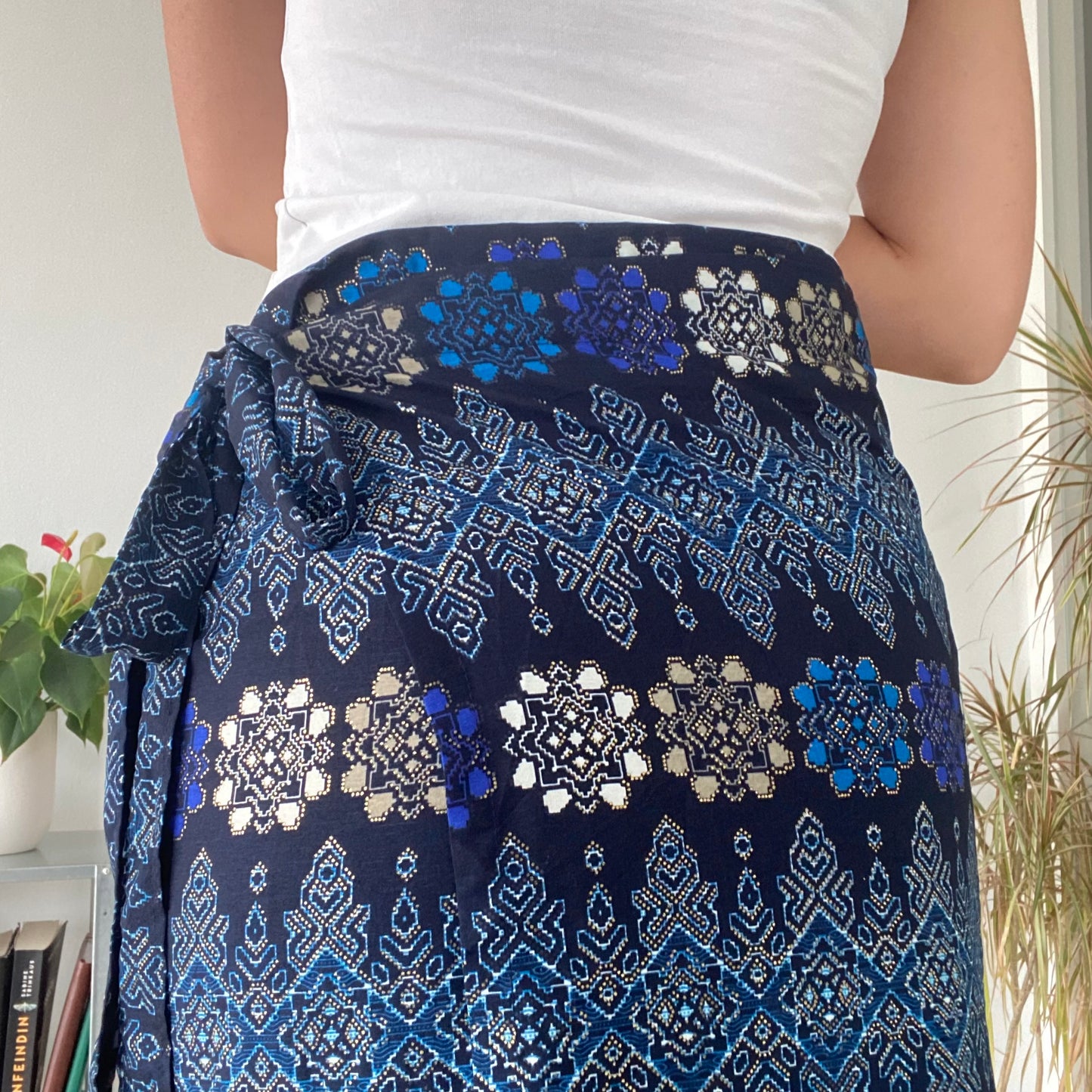 Long blue wrap maxi skirt