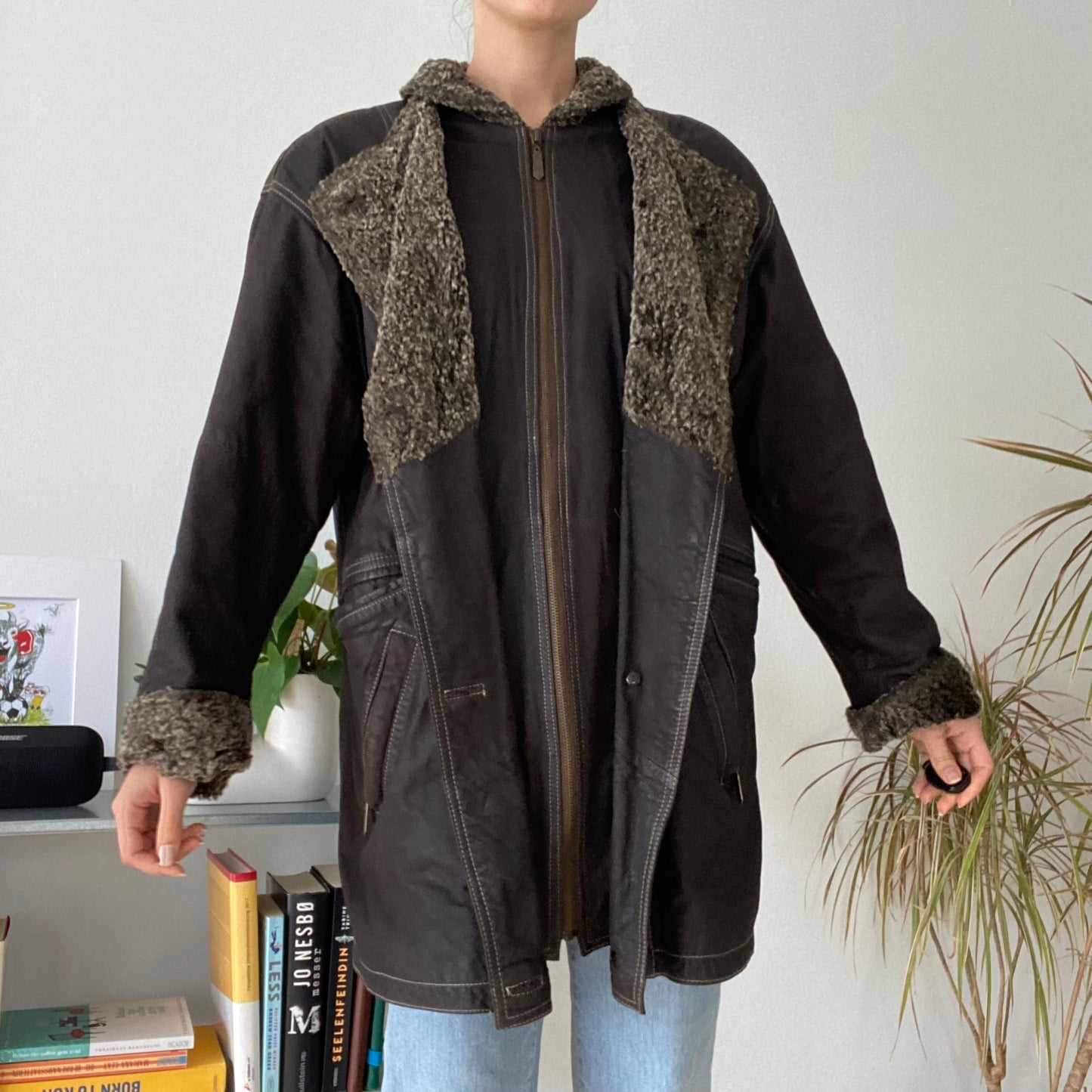 Vintage brown mid-length leather coat