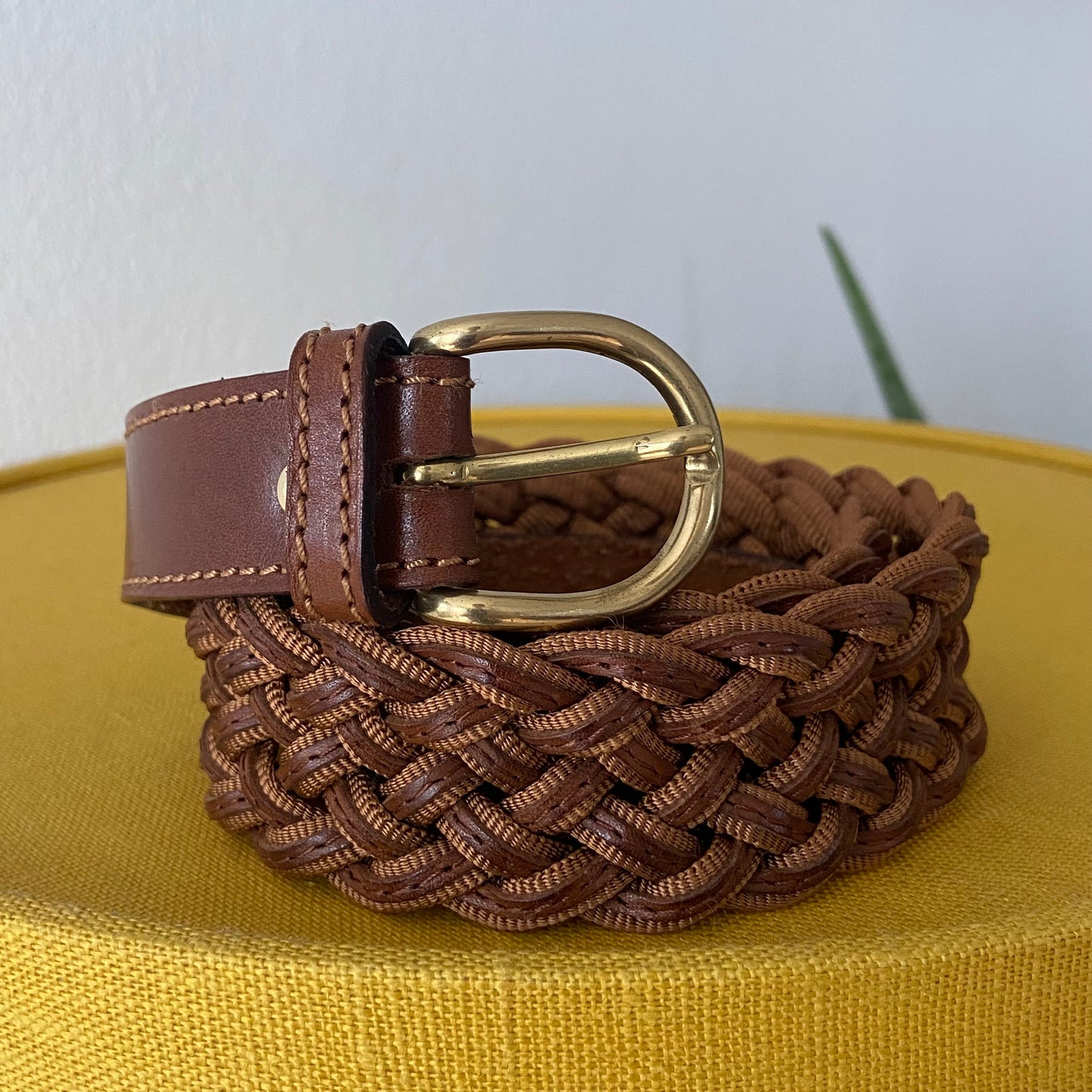 Gold buckle brown braided belt