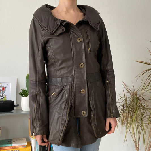 Unisex cinched waist Brown Leather Jacket