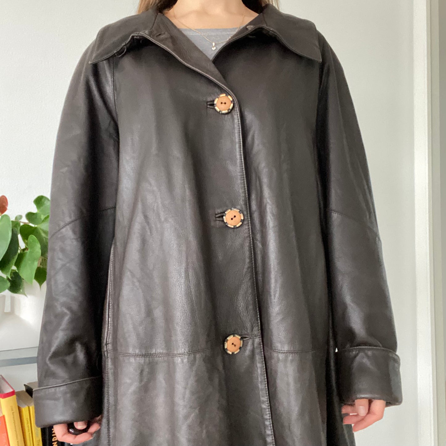 Long vintage leather brown coat