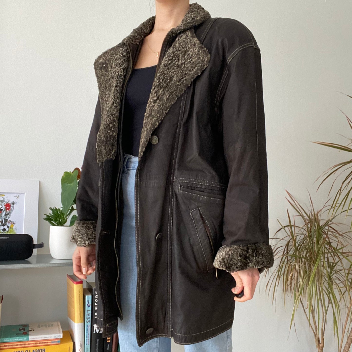 Vintage brown mid-length leather coat