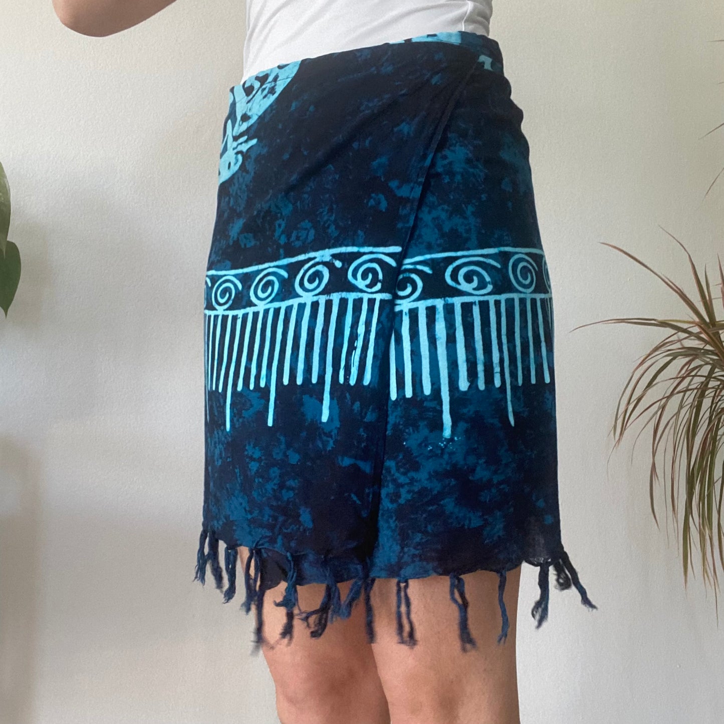 Blue fringe mini wrap skirt