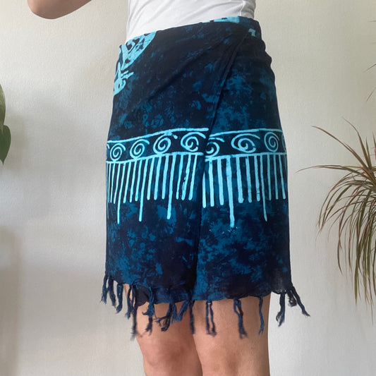 Blue fringe mini wrap skirt