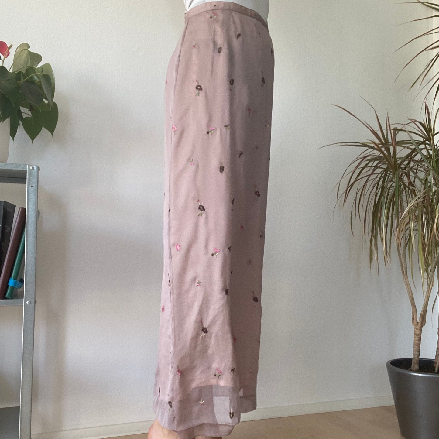Pink Sheer Embroidered Midi Skirt Y2K Vintage Floral Mesh Skirt