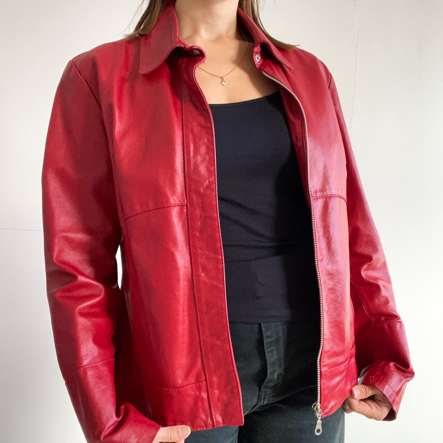 Red leather jacket with zipper