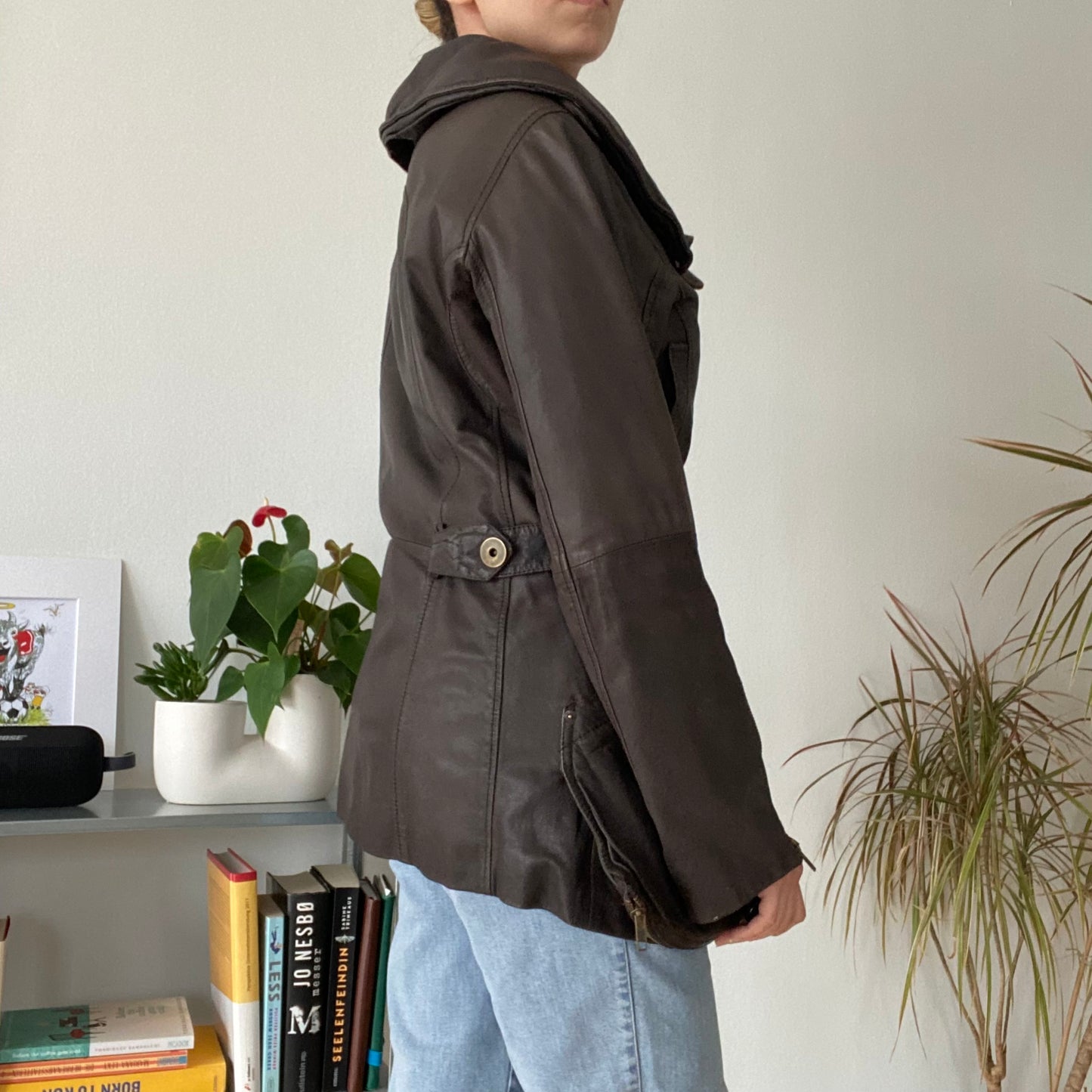 Unisex cinched waist Brown Leather Jacket
