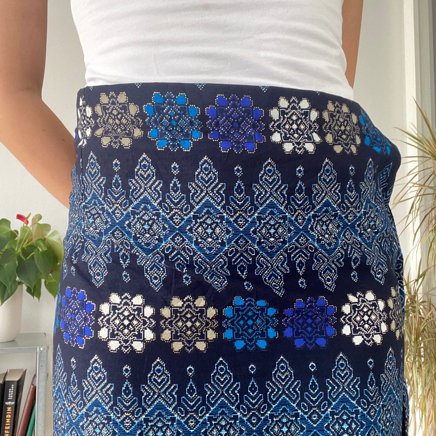 Long blue wrap maxi skirt