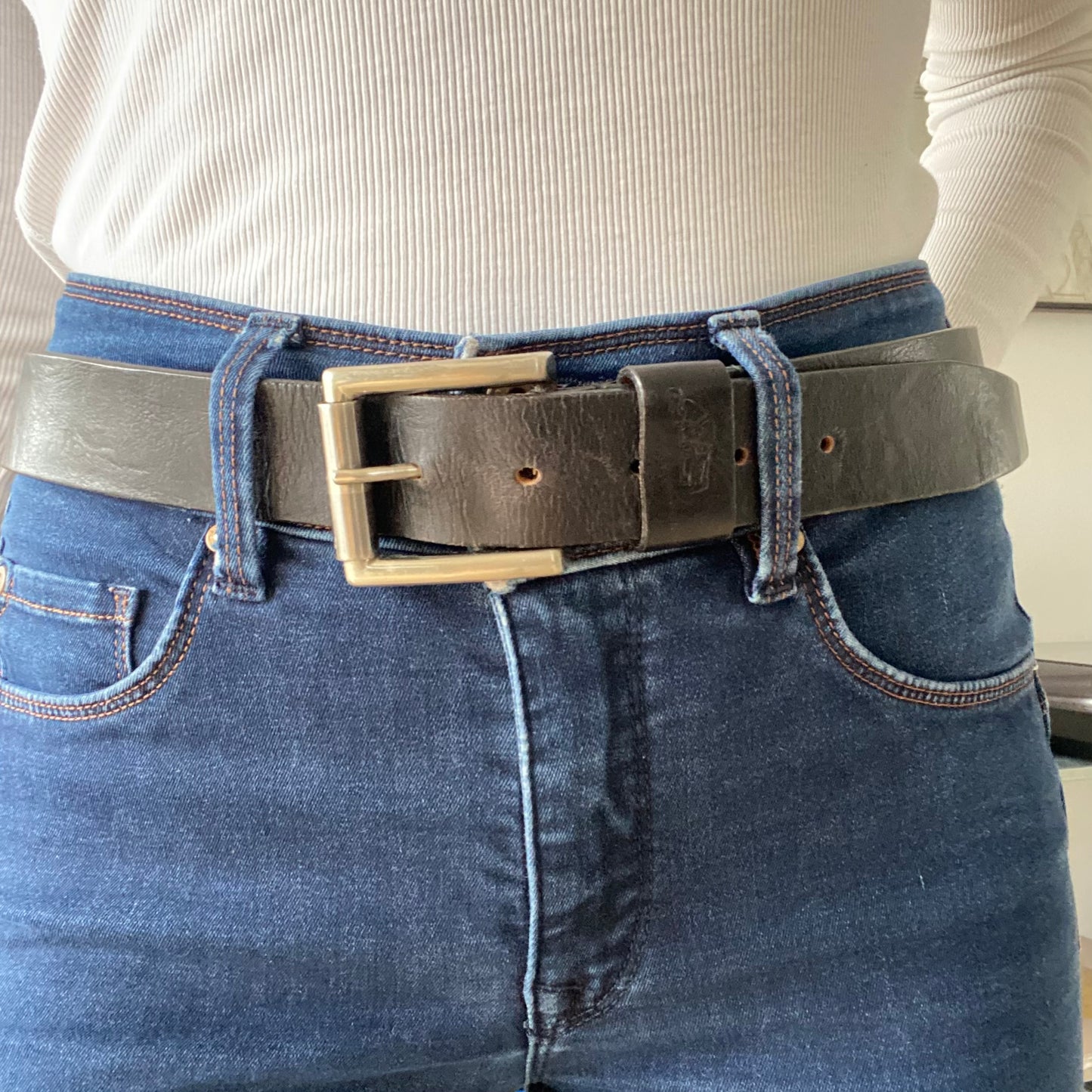 Black leather belt metal buckle
