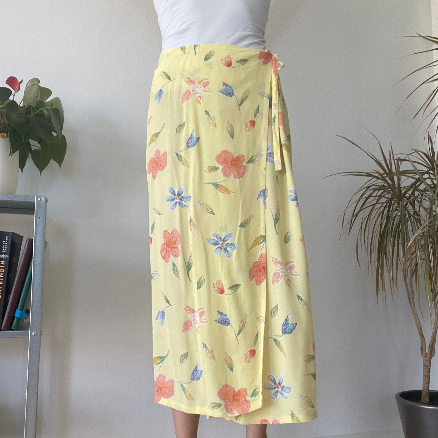 Yellow Floral Wrap Midi Skirt Summer Vintage Boho A Line Skirt
