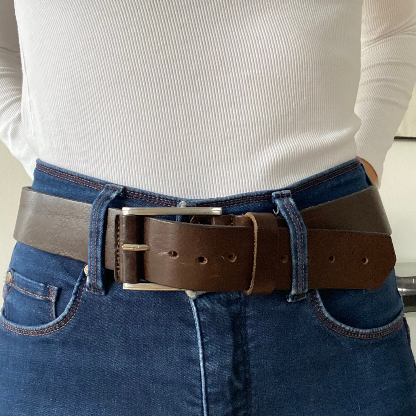 Thick brown metal leather belt