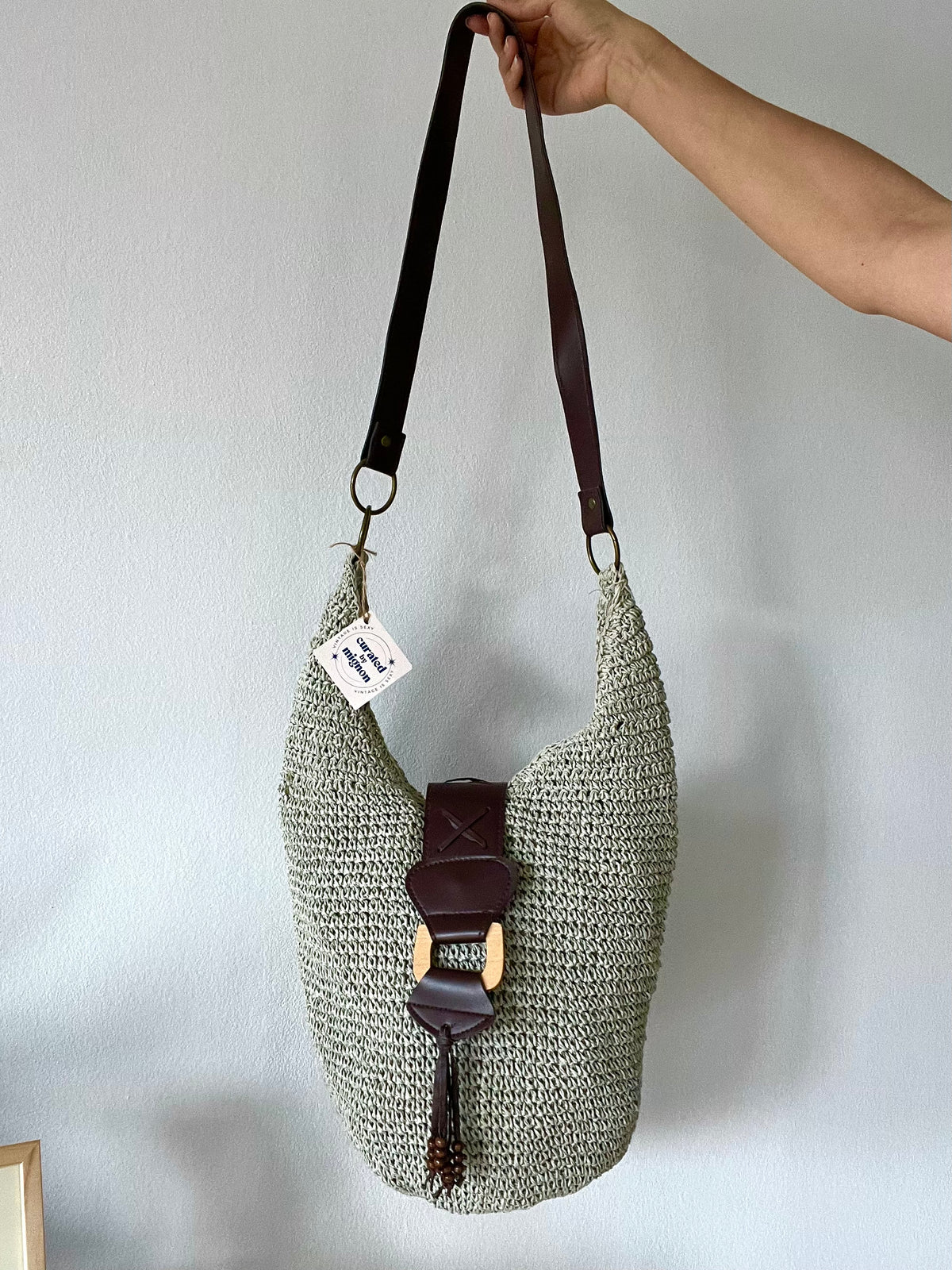 Woven Shoulder Bag with Leather Buckle Detail