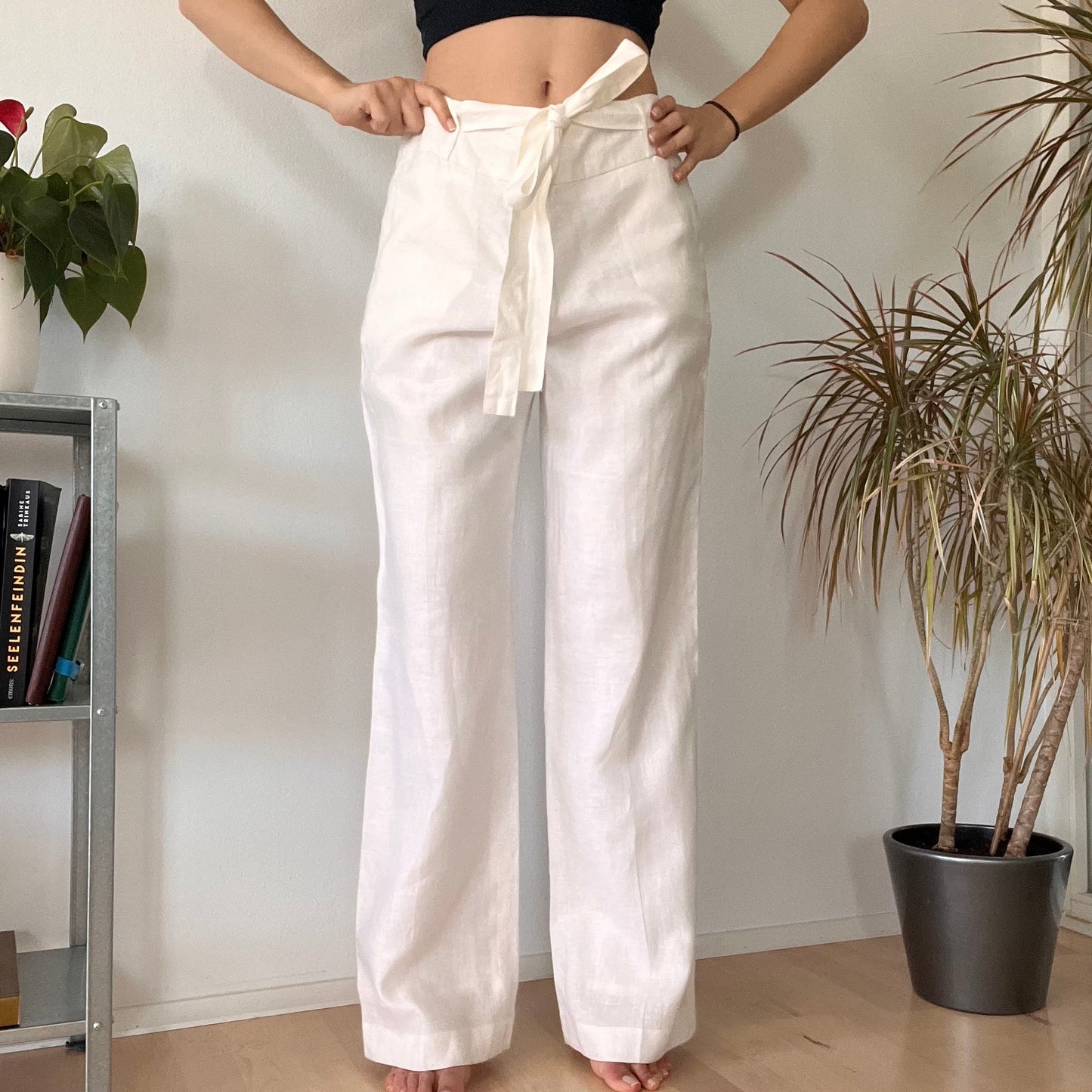 Wide linen long white trousers-XL