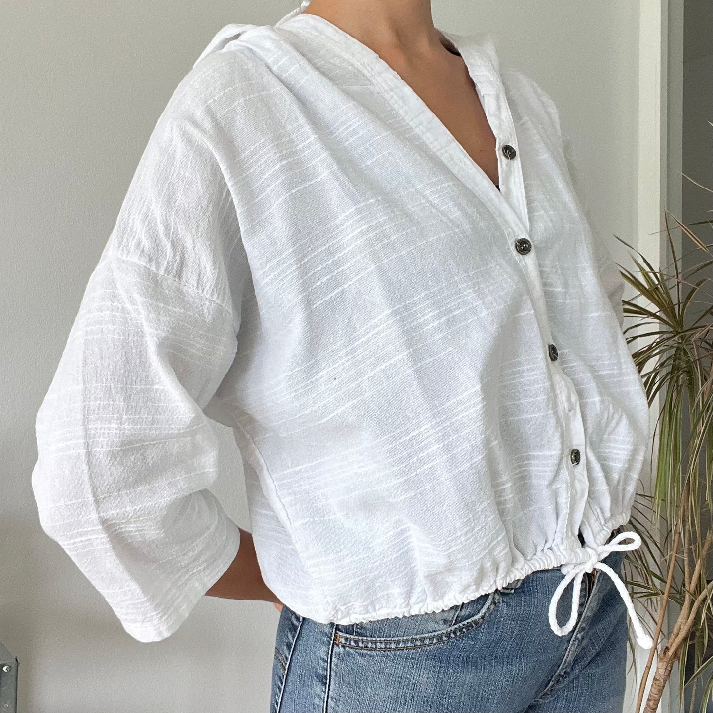 hooded cotton gauze button-down top-Free size