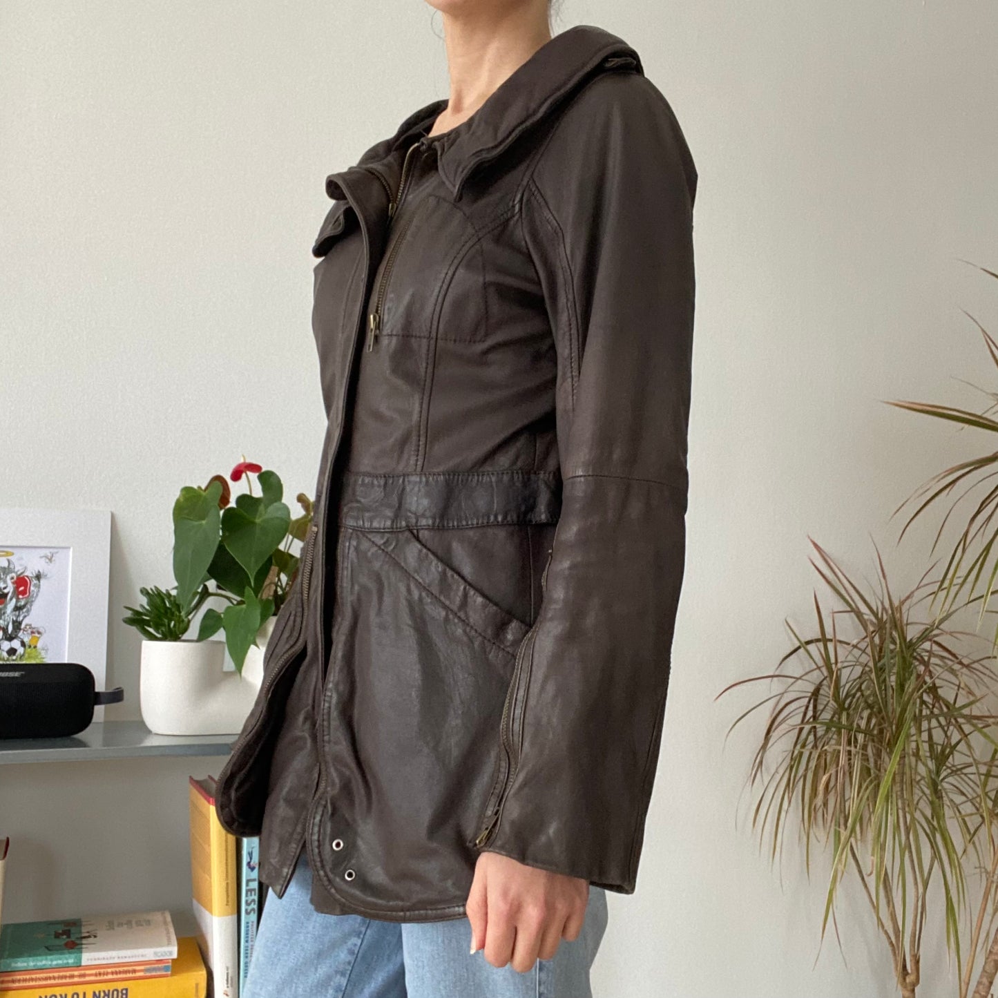 Unisex cinched waist Brown Leather Jacket