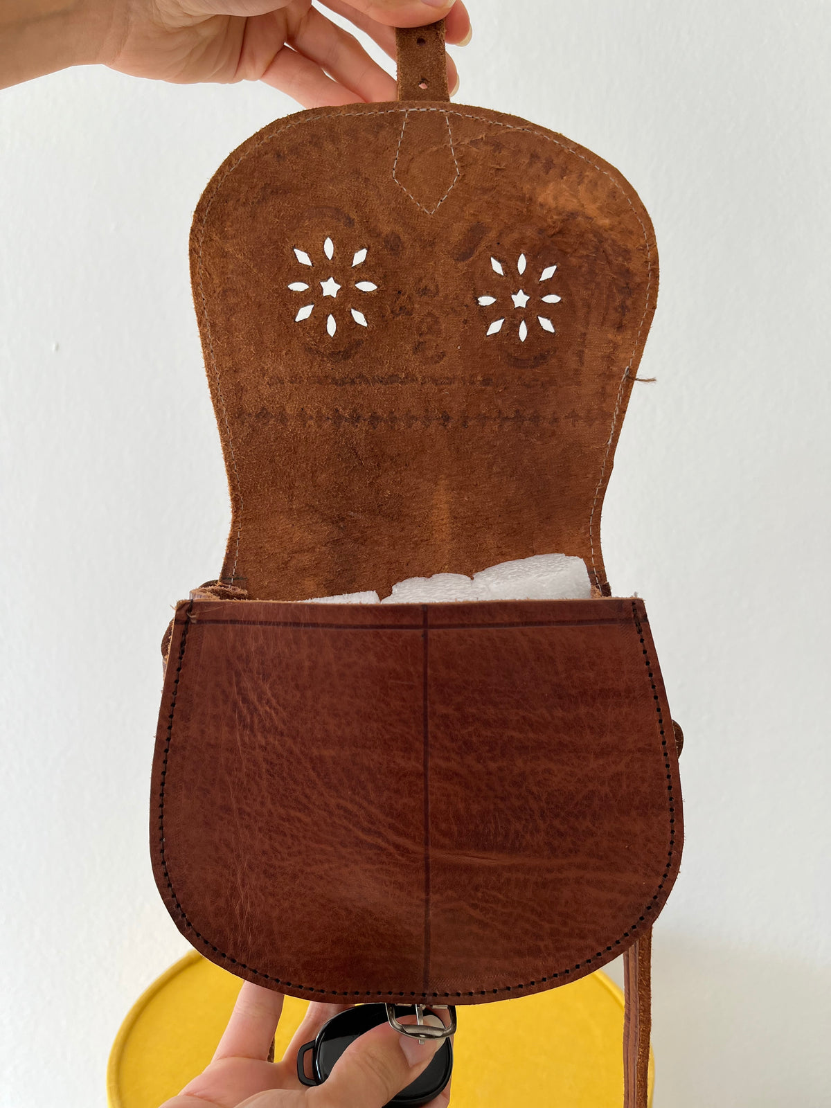 Vintage brown leather tooled crossbody bag