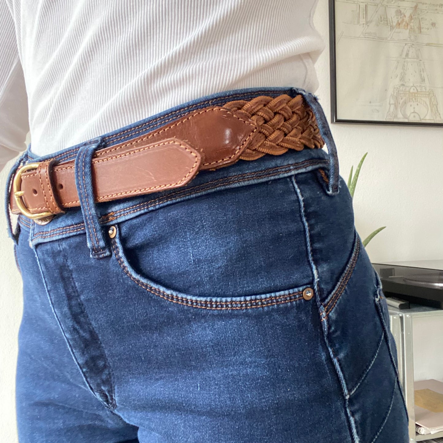 Gold buckle brown braided belt