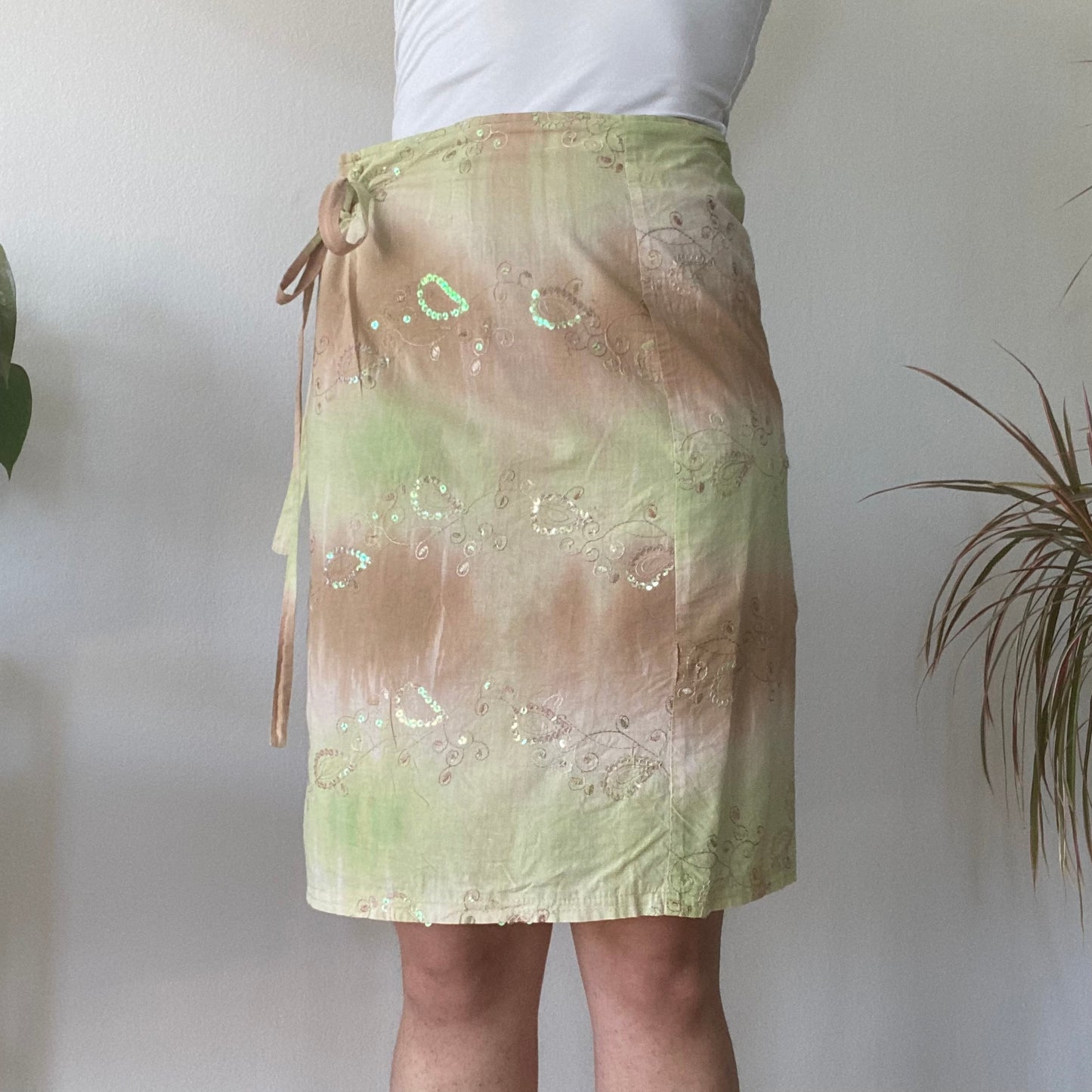 Green Tie Dye Wrap Skirt Y2K Sheer Midi Summer Beach Skirt