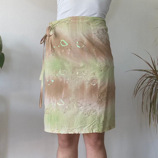 Green Tie Dye Wrap Skirt Y2K Sheer Midi Summer Beach Skirt