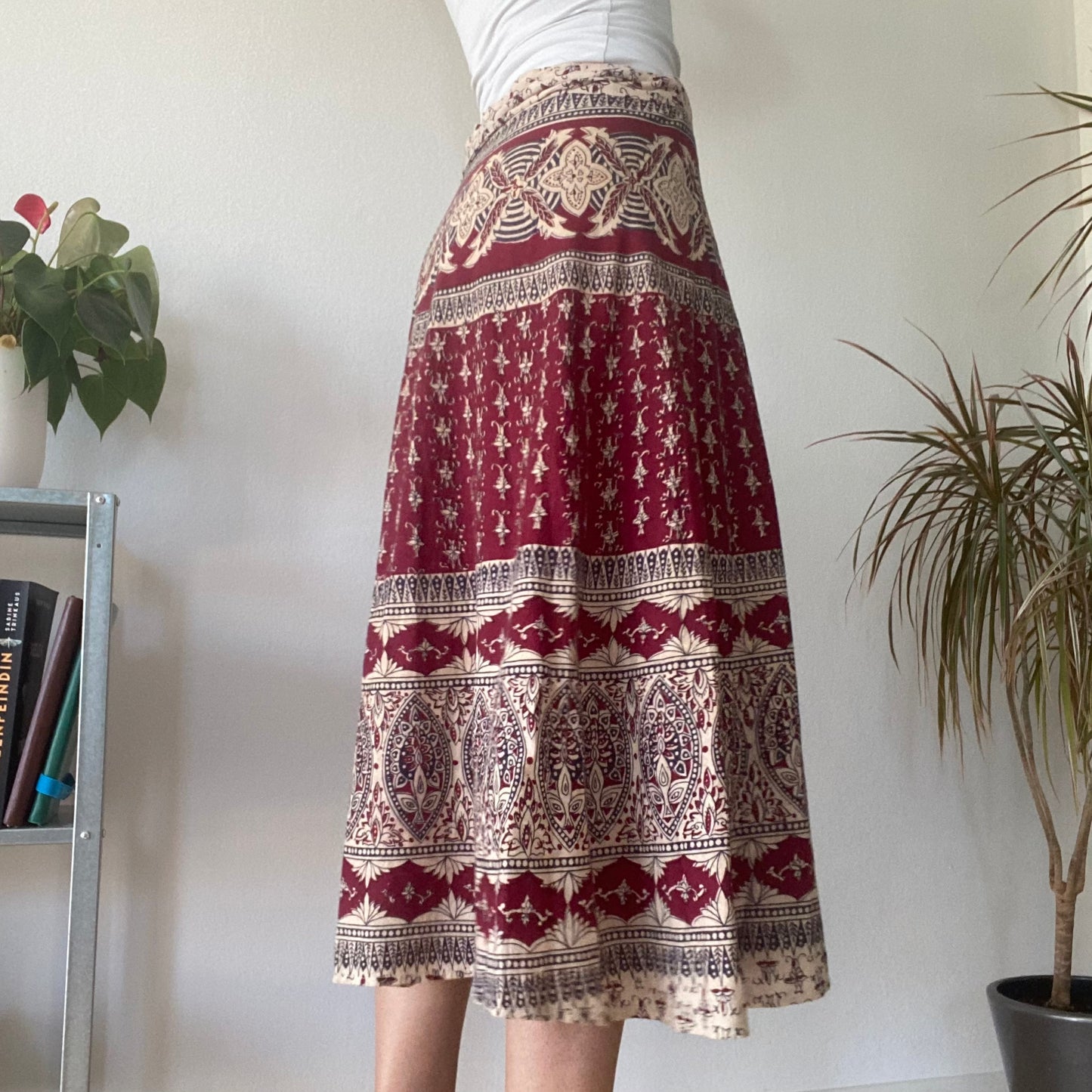 Red Boho Print Midi Skirt Vintage Wrap Style Festival A Line Skirt