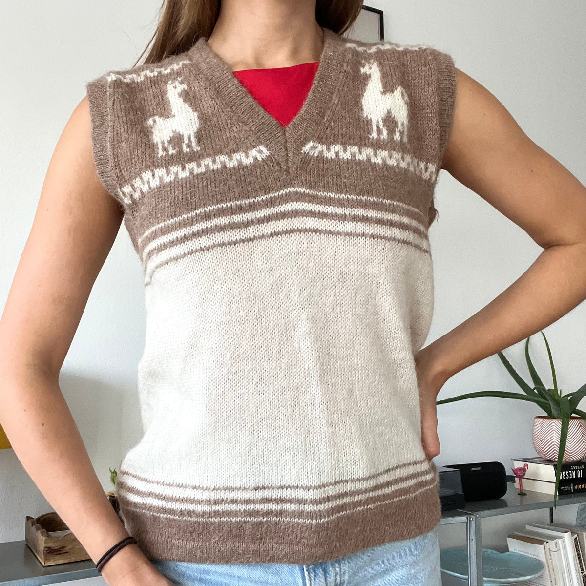 V-neck knit lama sweater vest-Size M