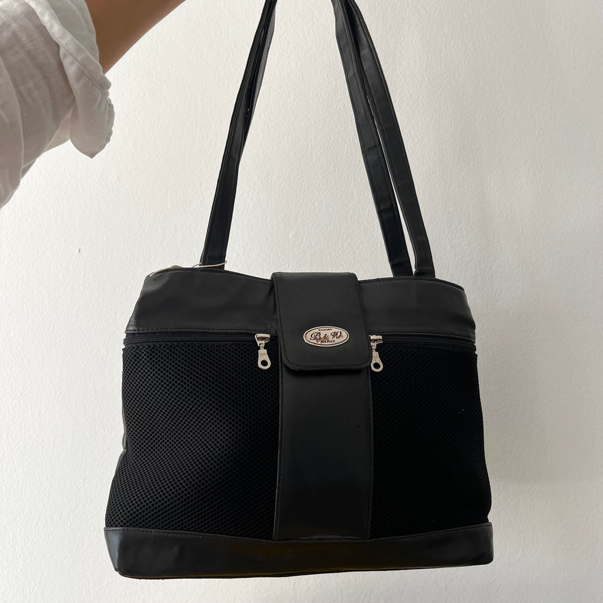 Vintage Black Shoulder Bag B&W Paris Mesh Zipper Tote Purse Y2K 90s