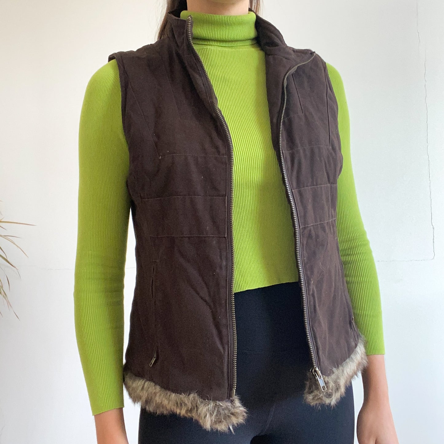 Brown Fur-Trim Quilted Vest