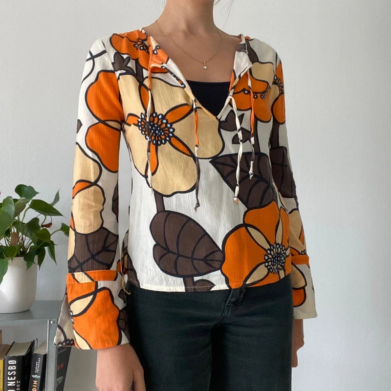 Boho Hippie Flare Sleeve Top | Lace-up Keyhole Neck Floral Blouse