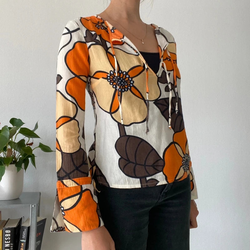 Boho Hippie Flare Sleeve Top | Lace-up Keyhole Neck Floral Blouse