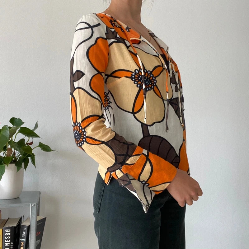 Boho Hippie Flare Sleeve Top | Lace-up Keyhole Neck Floral Blouse