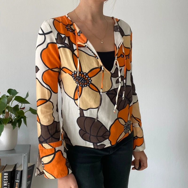 Boho Hippie Flare Sleeve Top | Lace-up Keyhole Neck Floral Blouse