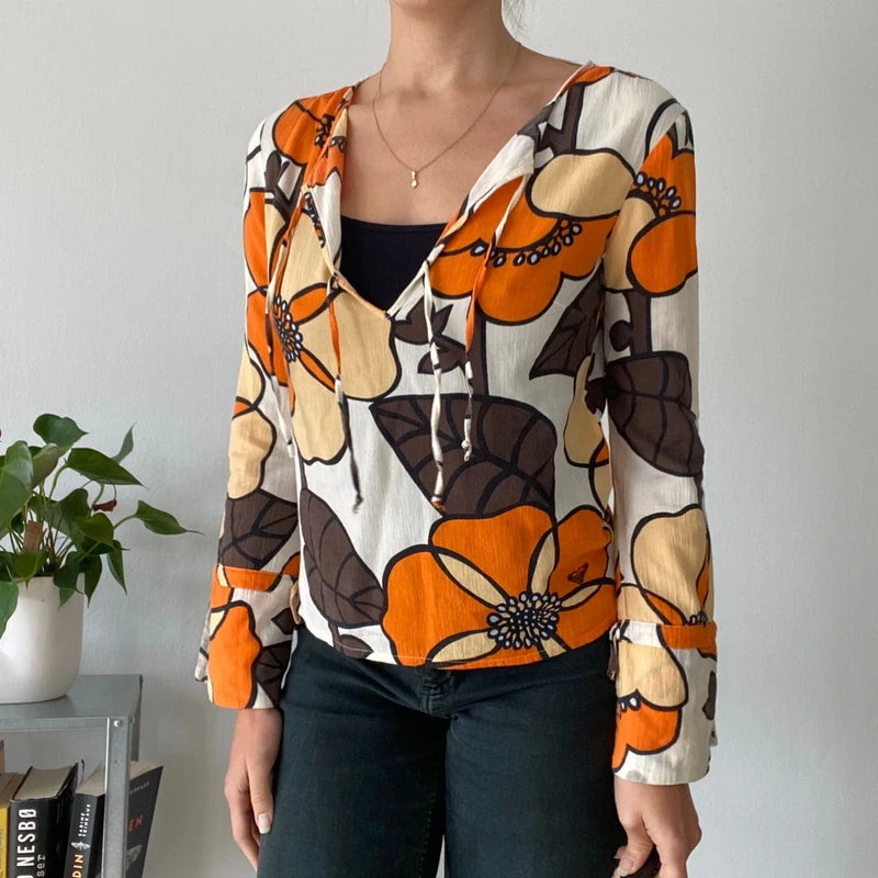Boho Hippie Flare Sleeve Top | Lace-up Keyhole Neck Floral Blouse
