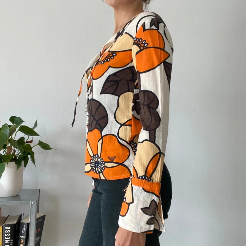 Boho Hippie Flare Sleeve Top | Lace-up Keyhole Neck Floral Blouse