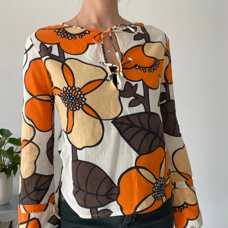 Boho Hippie Flare Sleeve Top | Lace-up Keyhole Neck Floral Blouse